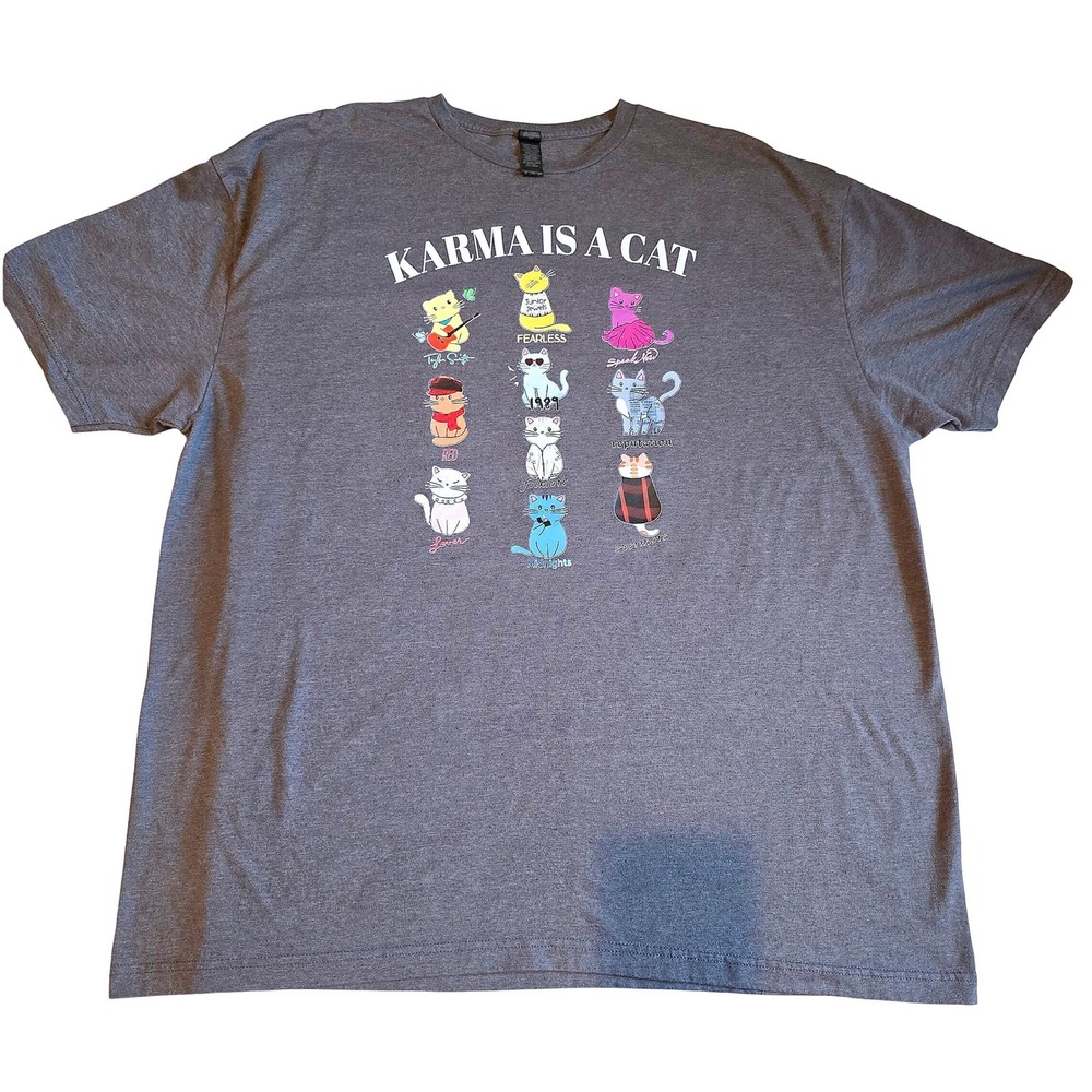 Taylor Swift Karma Is A Cat Graphic T Shirt 2XL Gray Eras Tour Fan Tee Cats